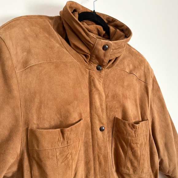 Vintage 90’s Funnel Neck Camel Oversized Retro Suede Jacket Shoulder Pads - Picture 5 of 15